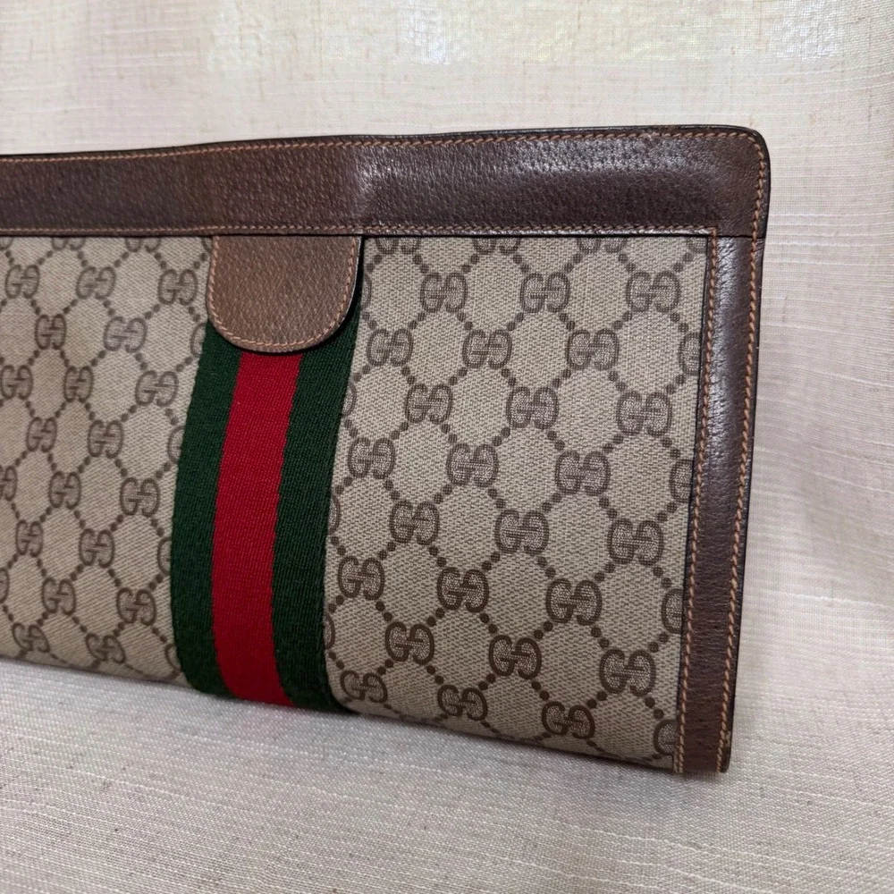 Vintage Gucci Clutch GG Supreme Web Sherry Line Stripe Brown Leather Canvas Bag